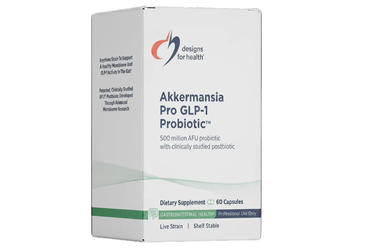 Box of Akkermansia Pro GLP-1 Probiotic by Designs for Health on a white background