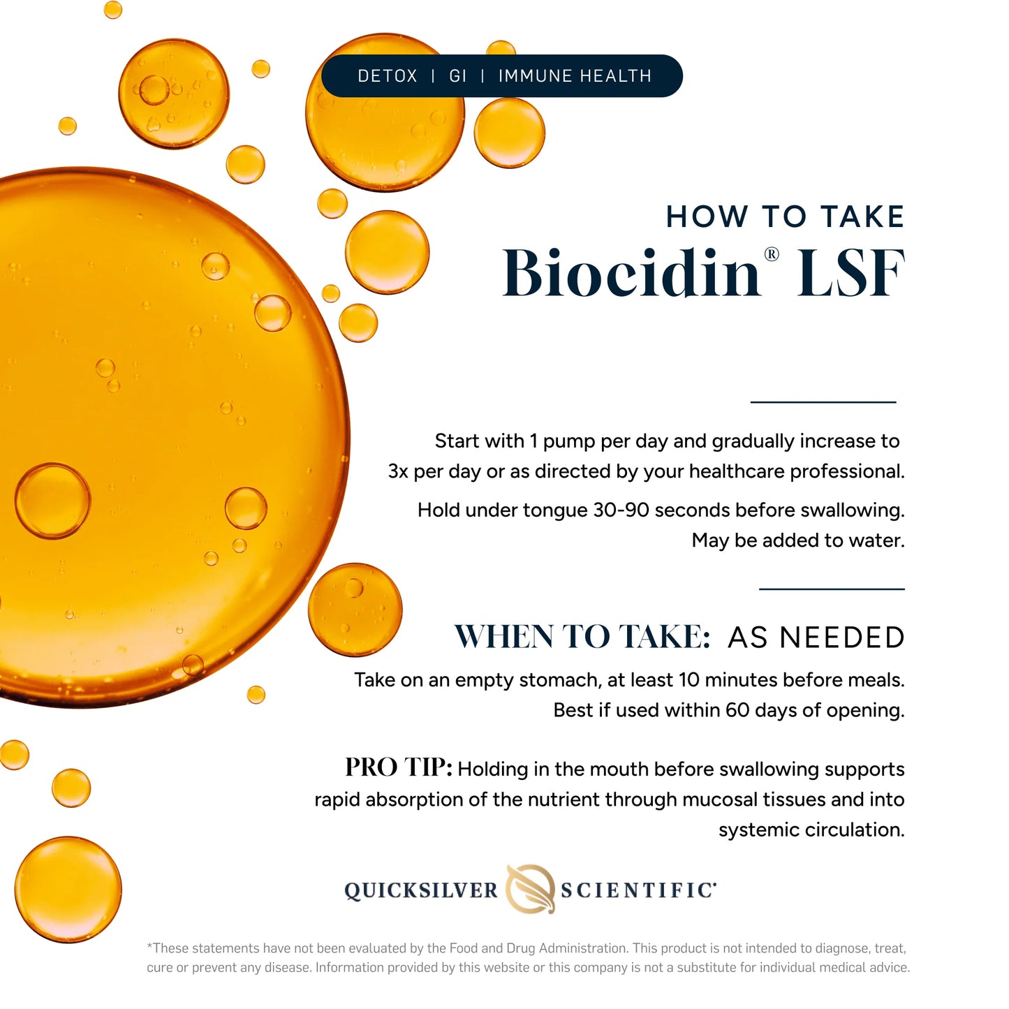 Instructions on how to take Biocidin LSF with orange droplet graphics and Quicksilver Scientific branding.