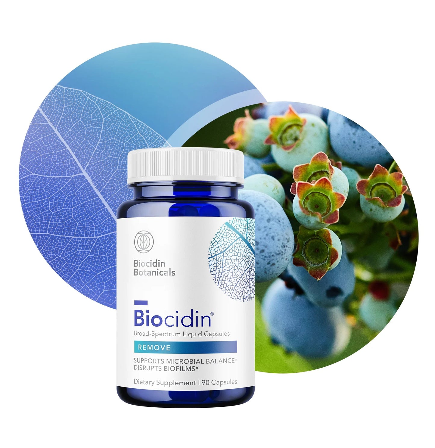 Biocidin supplement bottle with blueberries and leaves in the background