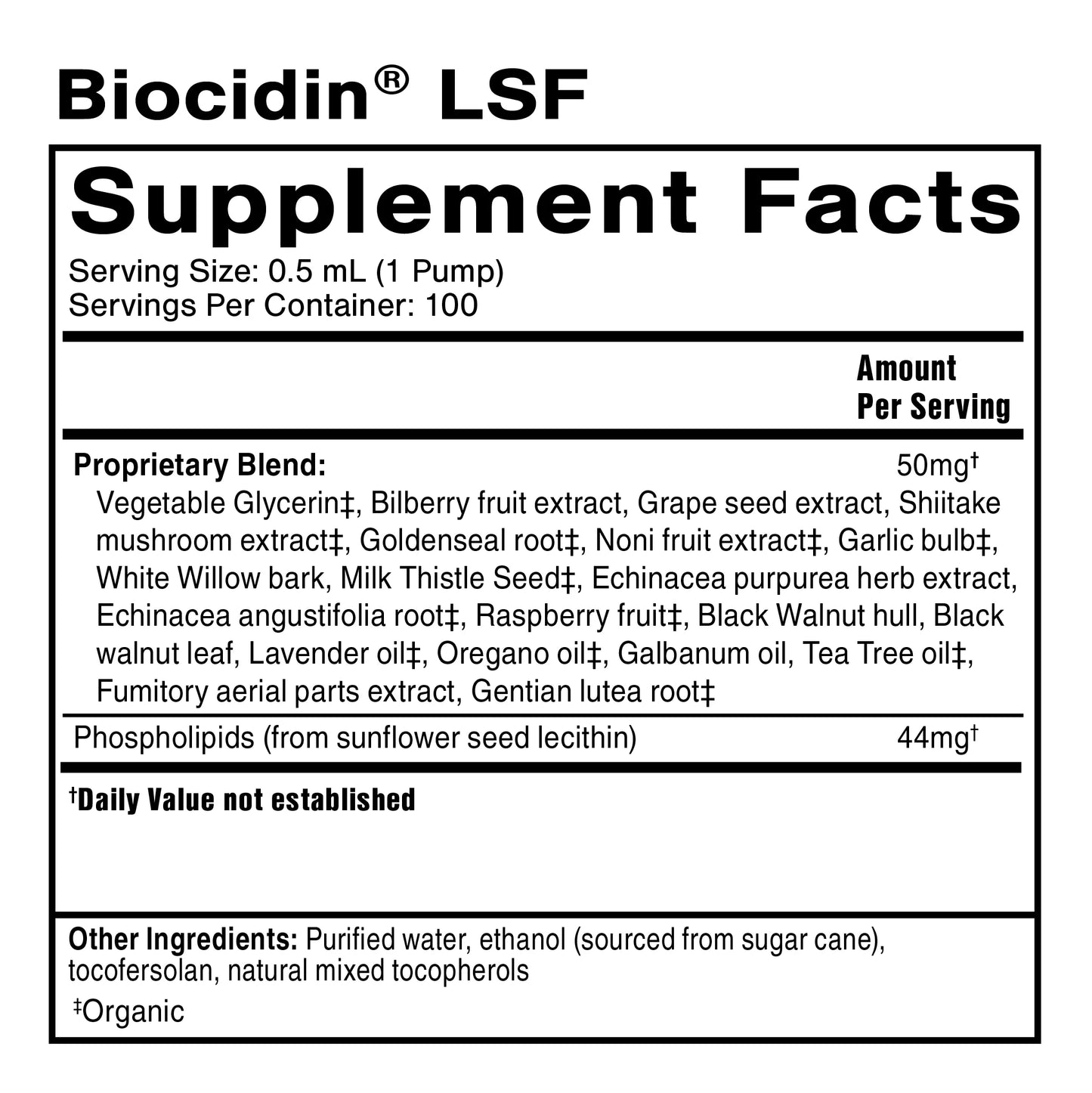 Supplement facts label for Biocidin LSF with a list of ingredients.