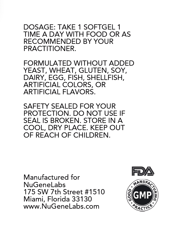 Product label with text and NuGeneLabs branding on a white background
