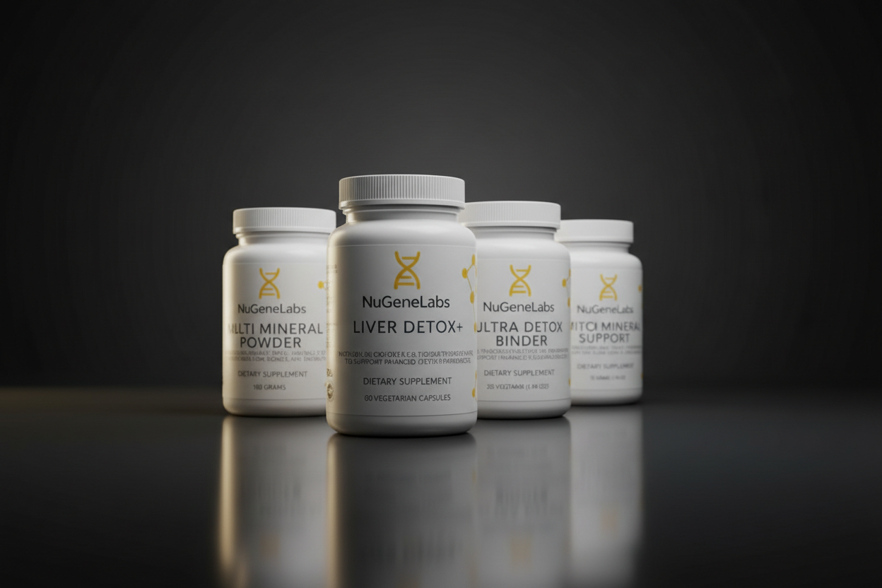 Four NuGene Labs Beginner Detox supplement bottles on a reflective surface with a dark background