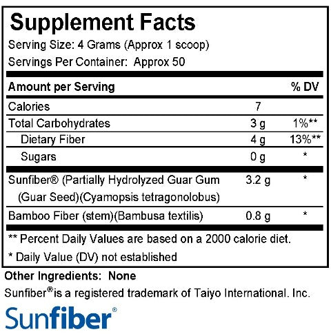 Supplement facts label for a product with fiber content, including serving size and nutritional information.