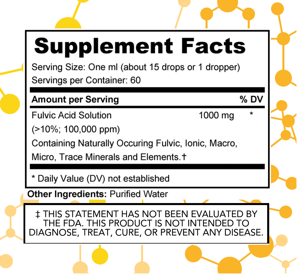 NuGeneLabs Fulvic Acid Drops supplement facts label with text and logos.