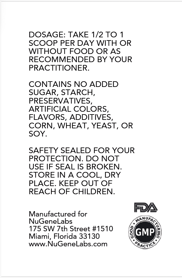 Back label of a supplement container with text and NuGeneLabs branding.