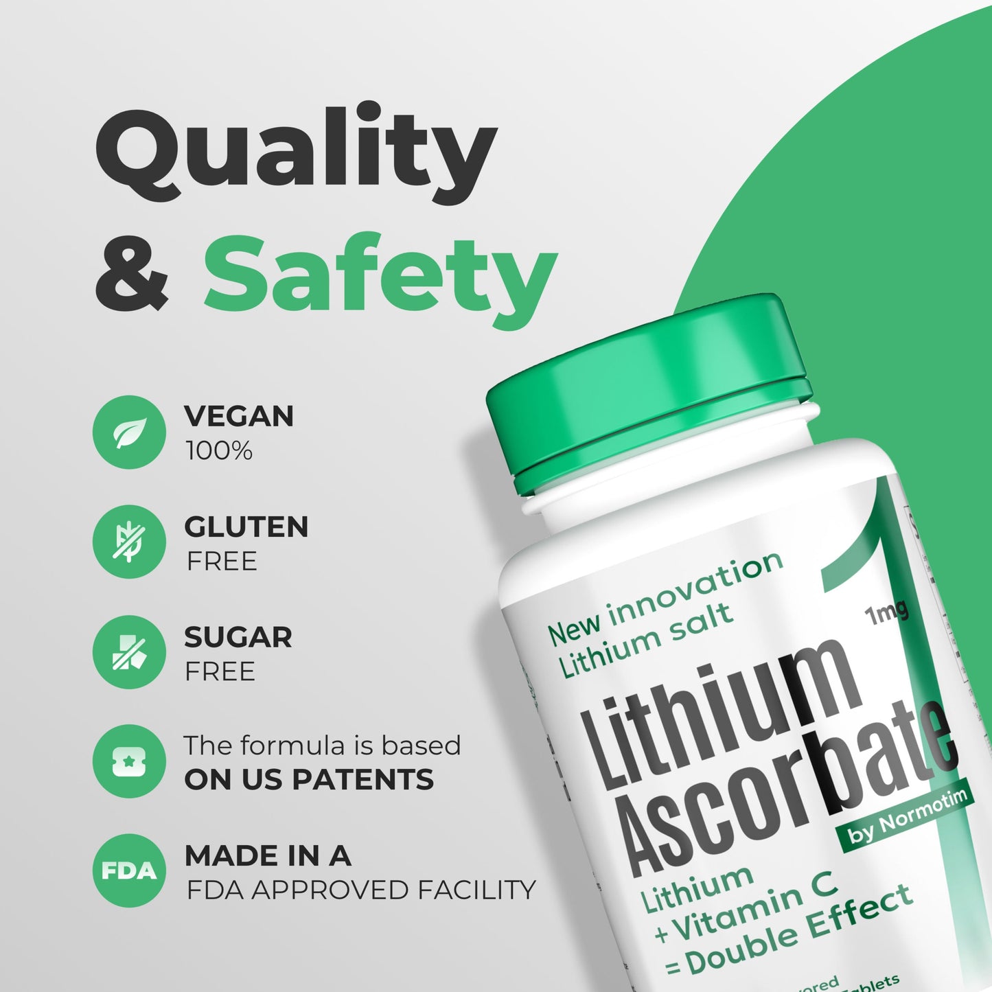 Bottle of Lithium Ascorbate with quality and safety features highlighted on a light gray background