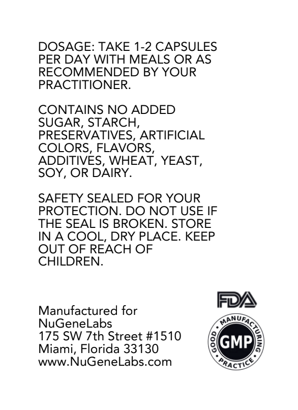 Product label with dosage instructions, ingredient information, and GMP certification on a white background.