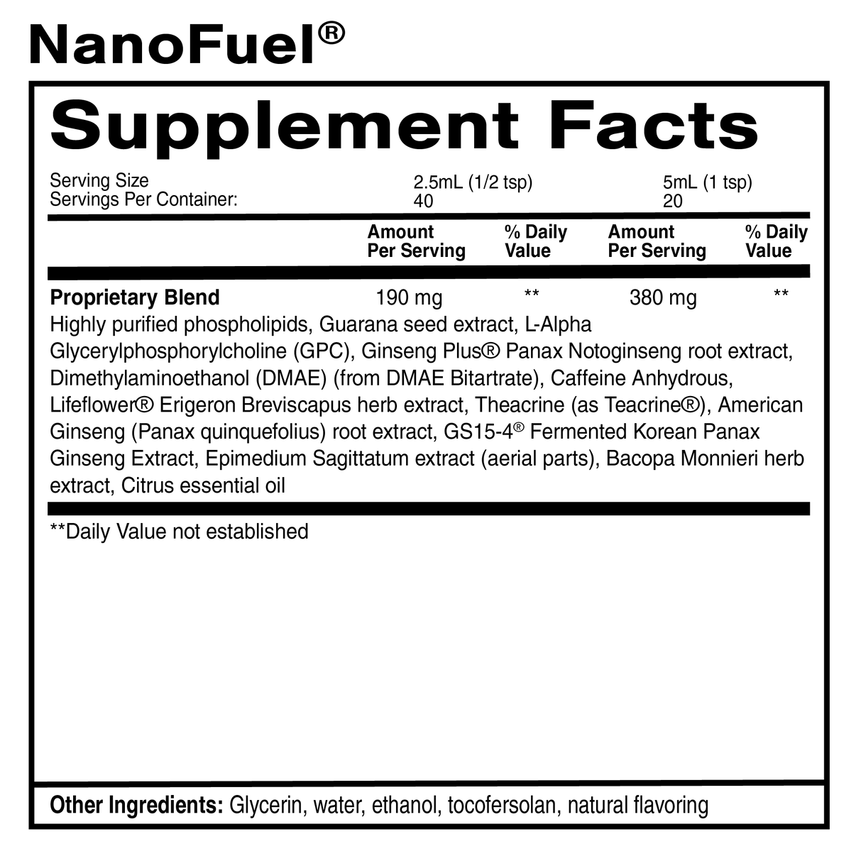 NanoFuel Supplement Facts