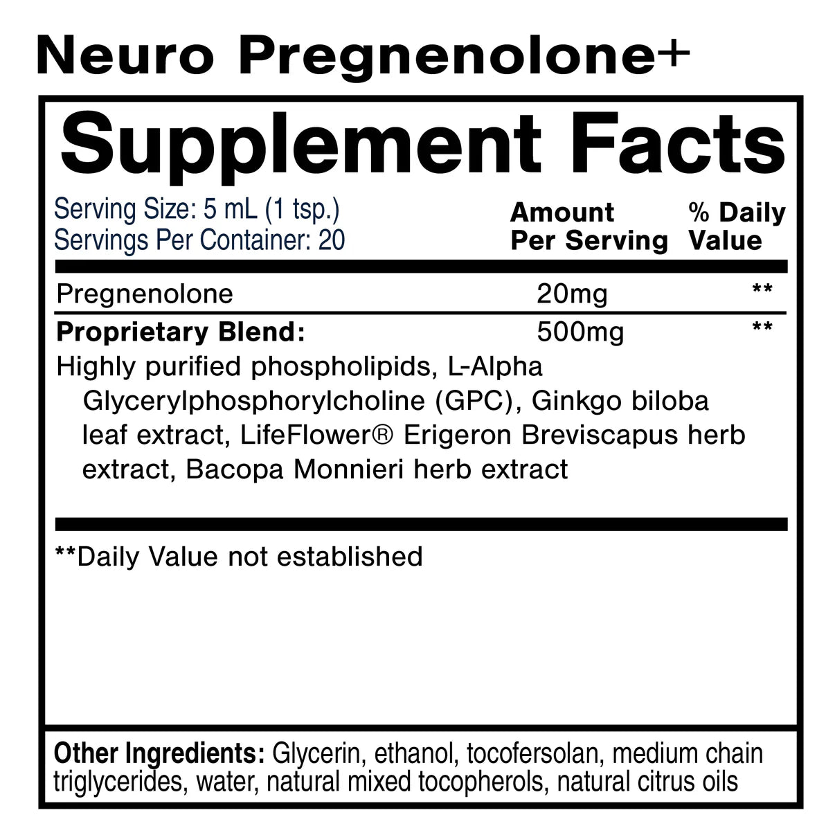 Supplement label for Neuro Pregnenolone+ with ingredient list and serving details.