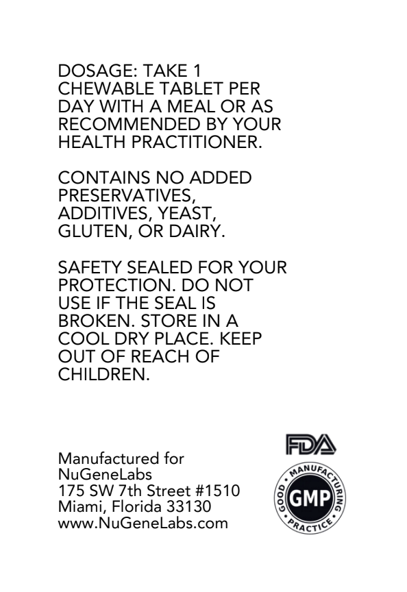 Instructions and product details for a chewable tablet, including dosage information and manufacturing details for NuGeneLabs.