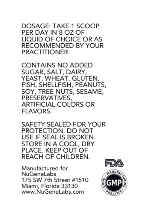 NuGeneLabs Creatine supplement label with molecular structures and supplement suggested use instructions.