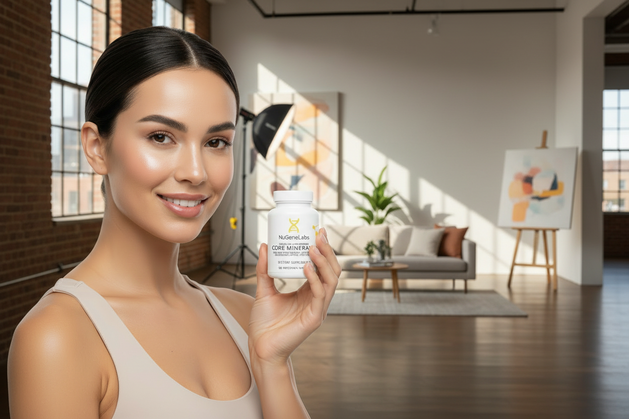 Woman holding a bottle of NuGeneLabs Core Minerals supplement in a studio setting