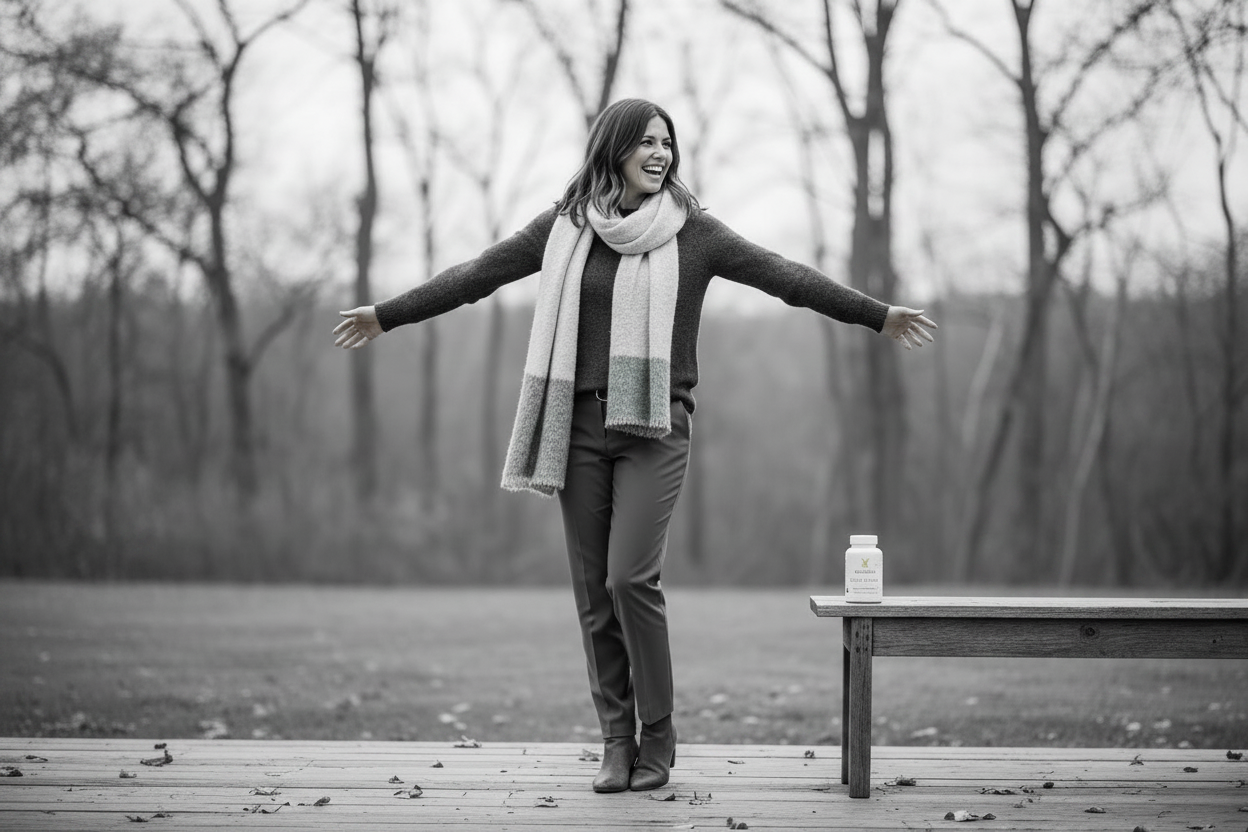 Woman outdoors during fall happy with NuGeneLabs Mood Elevate supplement on the bench.