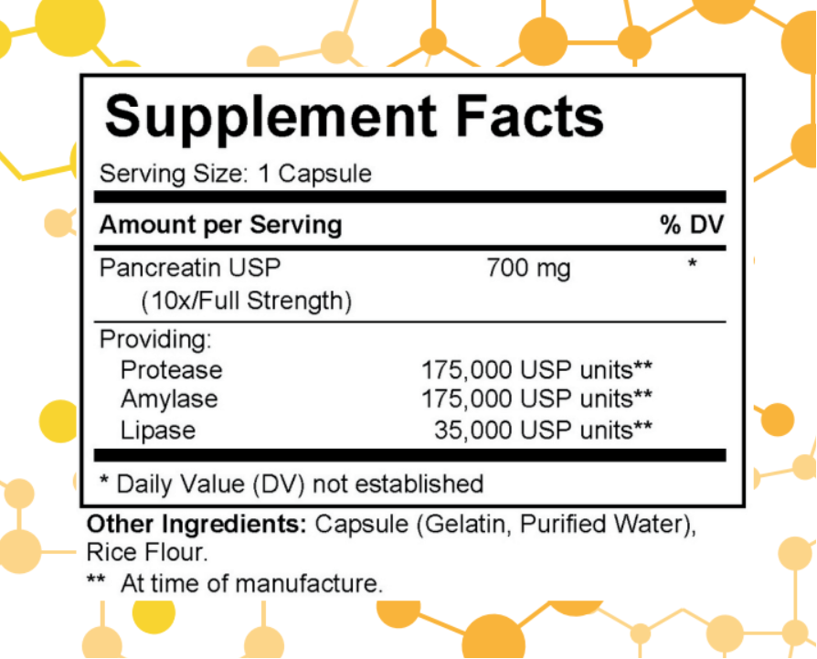 NuGeneLabs Pancreatic Enzymes supplement label with supplement facts and branding.