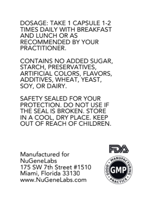 NuGeneLabs Stress Relief supplement label with suggested dose and molecular structures.