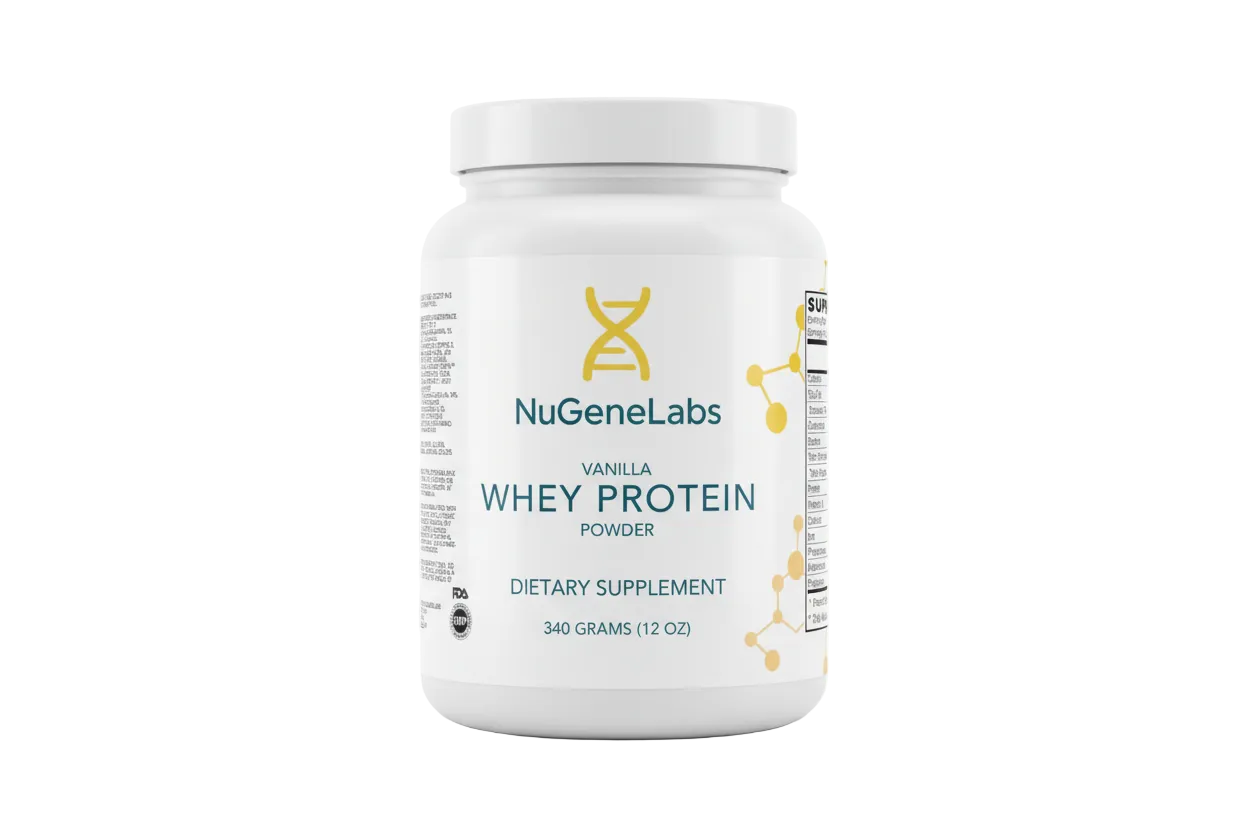 NugeneLabs Vanilla Whey Protein Powder container on a white background