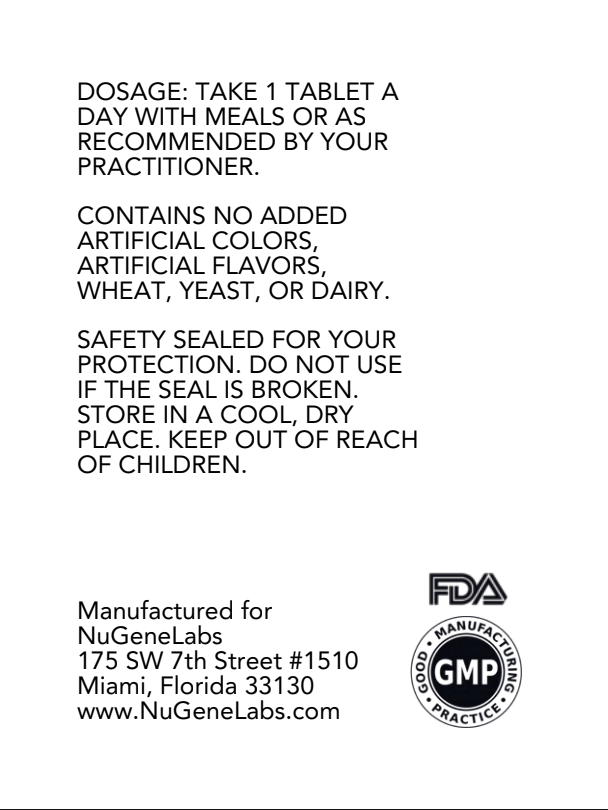 Back of a supplement package with text and NuGeneLabs branding.
