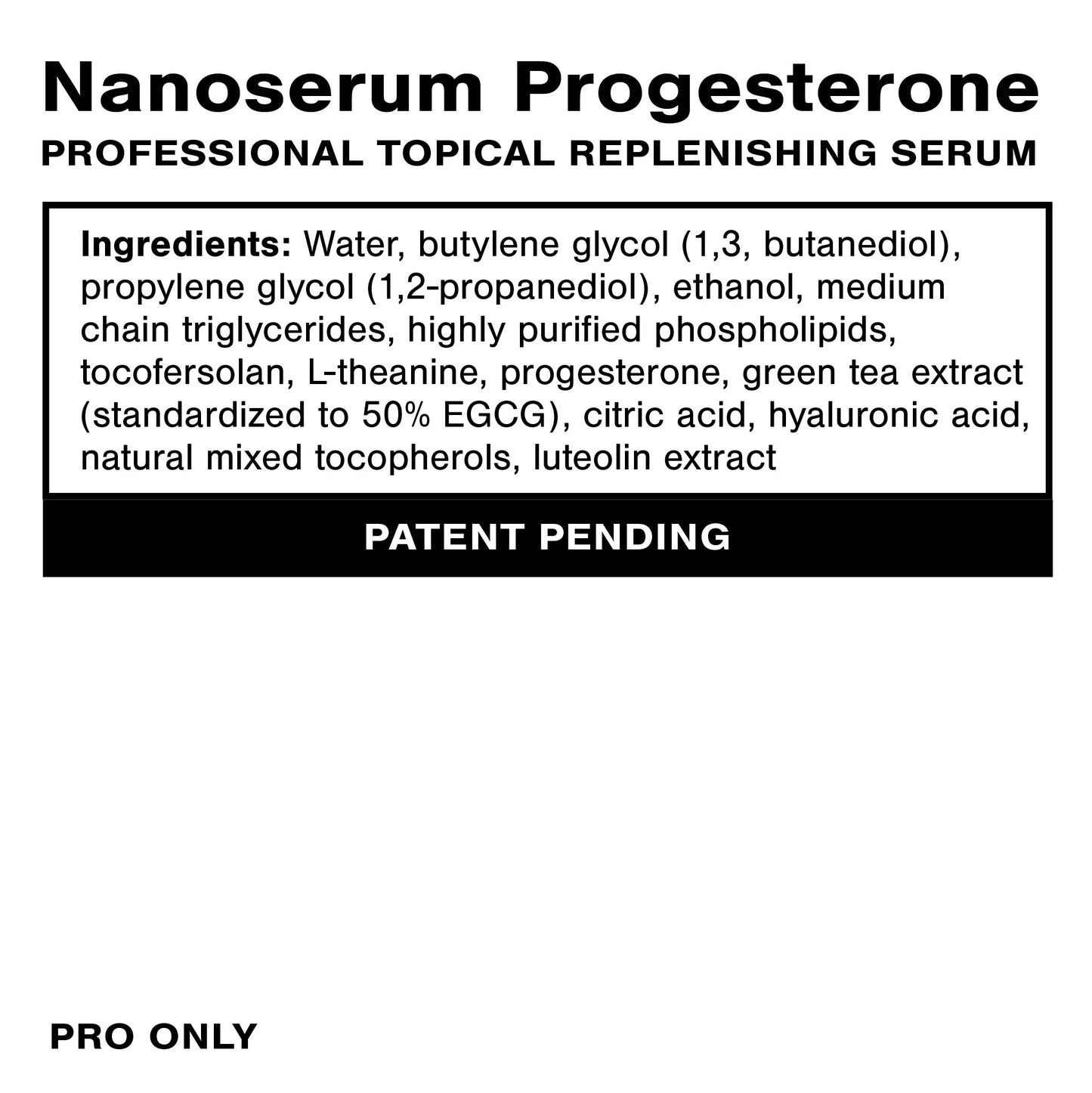 Nanoserum Progesterone product label with ingredients list on a white background