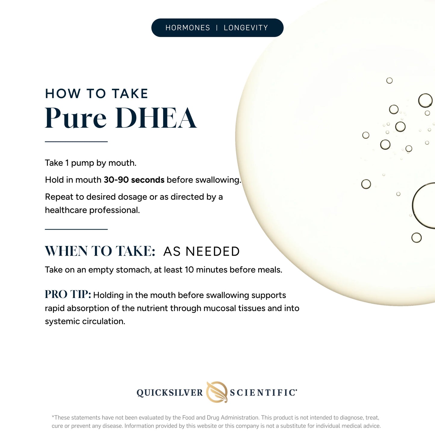 Instructions on how to take pure DHEA with Quicksilver Scientific branding.