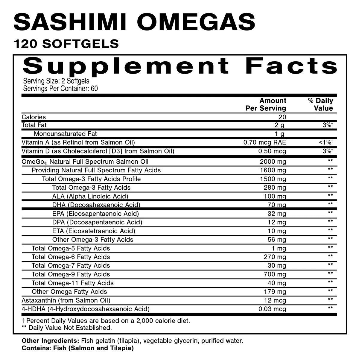 Nutritional label for Sashimi Omegas supplement with supplement facts.