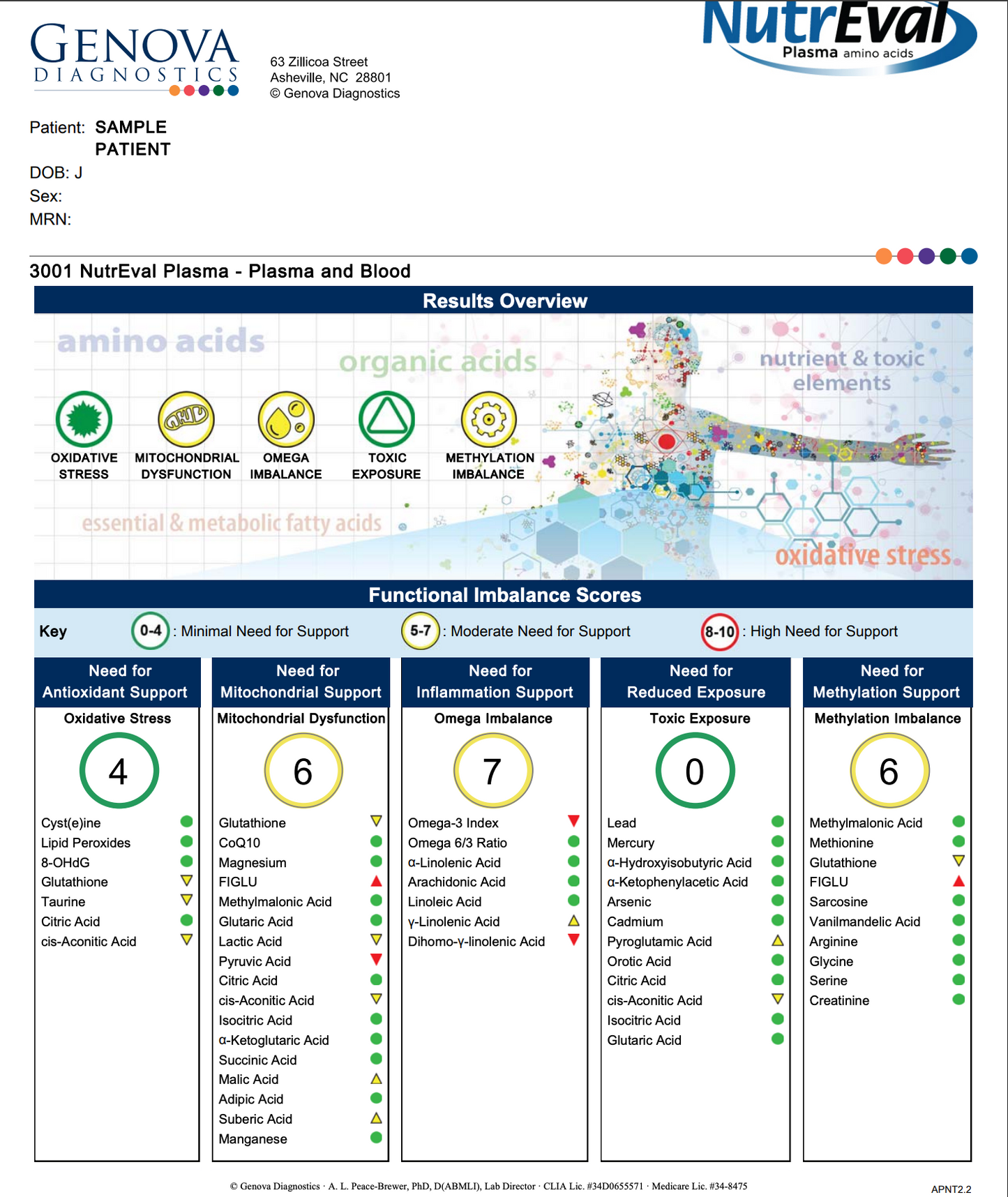 A medical results summary sheet from Genova Diagnostics and NutriEval Plasma, displaying functional imbalance scores for amino acids, organic acids, and toxic metabolites on a white background with blue headers. Provided by NuGeneLabs.