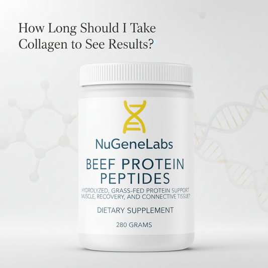 White container of NuGeneLabs Beef Protein Peptides on a light gray background