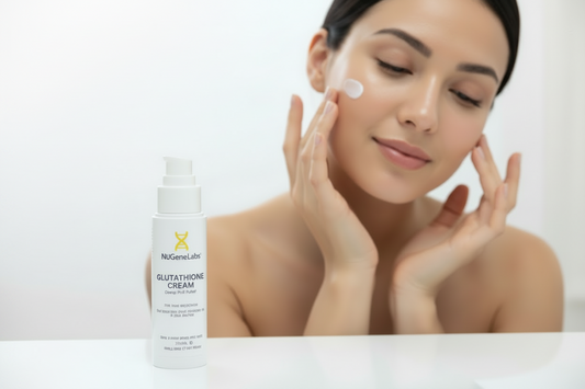 Woman applying cream to her face with a bottle of Glutathione Cream in front on a white background