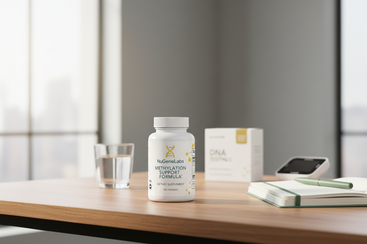 MTHFR Test at Home: NuGeneLabs Methylation Support supplement bottle on a desk with a glass of water and a box in the background