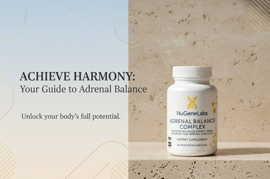 Supplement bottle labeled 'Adrenal Balance Complex' by NuGeneLabs on a beige stone surface.