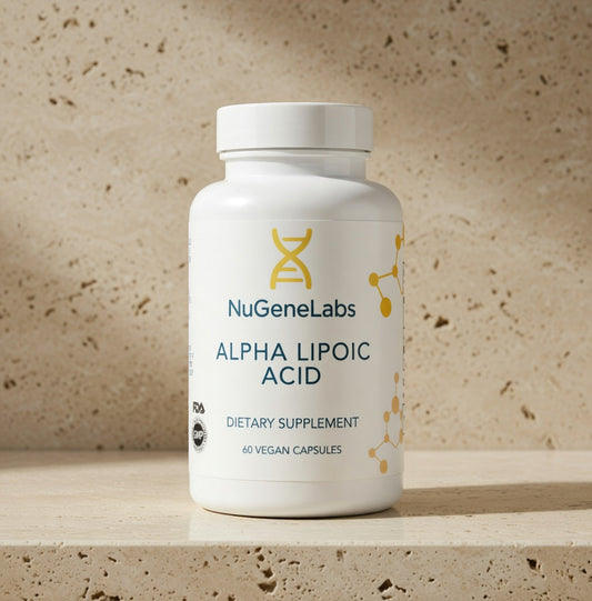 Alpha-lipoic acid supplement bottle, NuGeneLabs brand