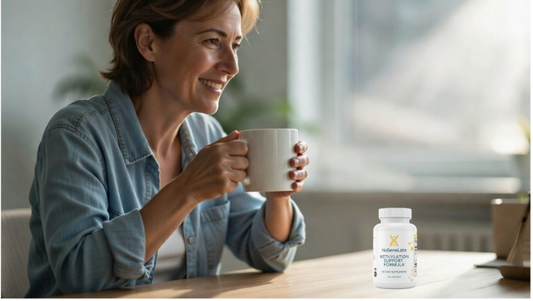 Smiling woman with a cup and NuGeneLabs Methylation Support supplement bottle.