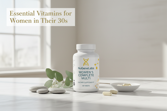 NuGeneLabs Women's Complete Multi supplement bottle on a light surface with decorative elements.