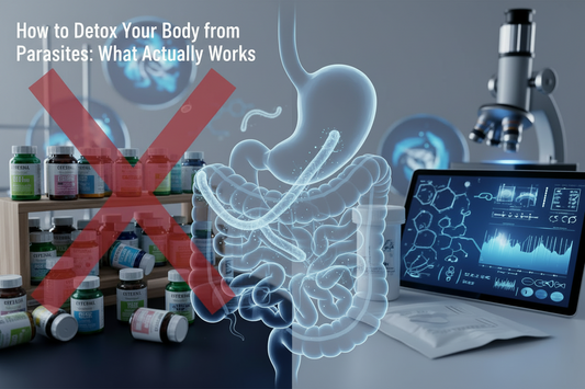 human digestive system with the presence of parasites and lab equipment