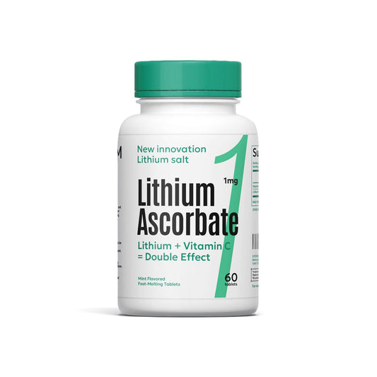 A white bottle of Lithium Ascorbate 1mg dietary supplement with a green cap and green and black text on the label, set against a plain white background.