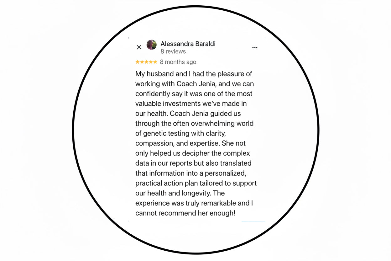 Five-star review from Alessandra Baraldi praising Coach Jenia's services on a white background.