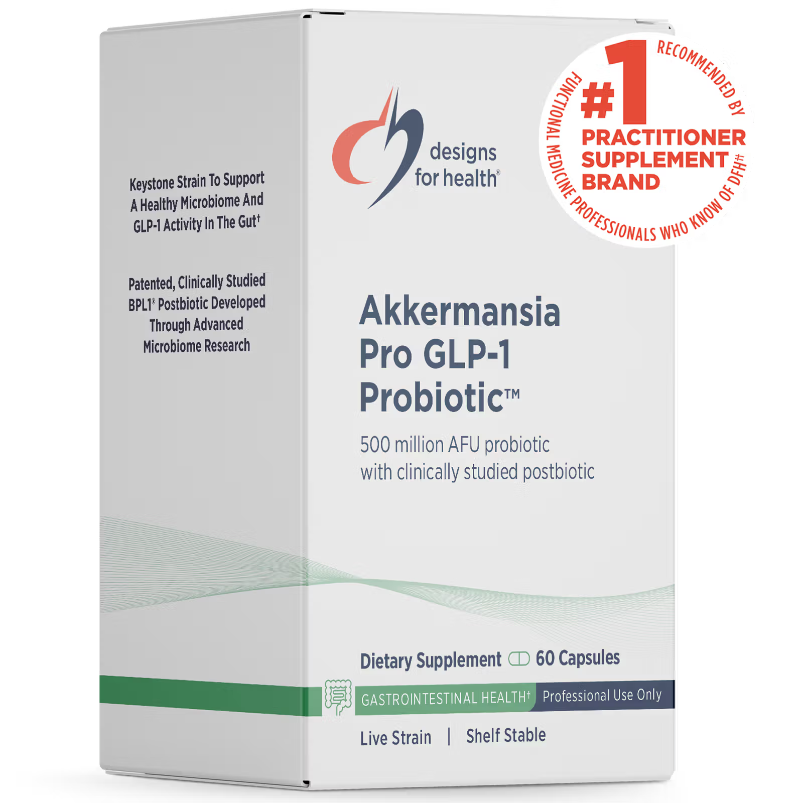 Akkermansia Pro GLP-1 Probiotic supplement packaging by Designs for Health on a white background