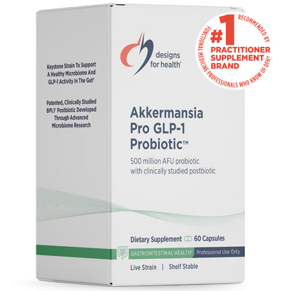 Akkermansia Pro GLP-1 Probiotic supplement packaging by Designs for Health on a white background