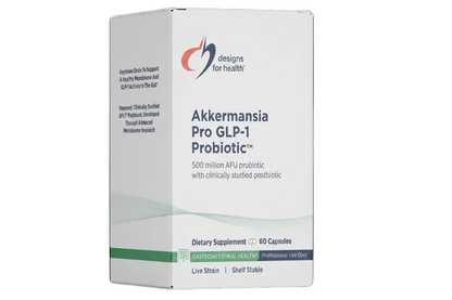 Box of Akkermansia Pro GLP-1 Probiotic by Designs for Health on a white background