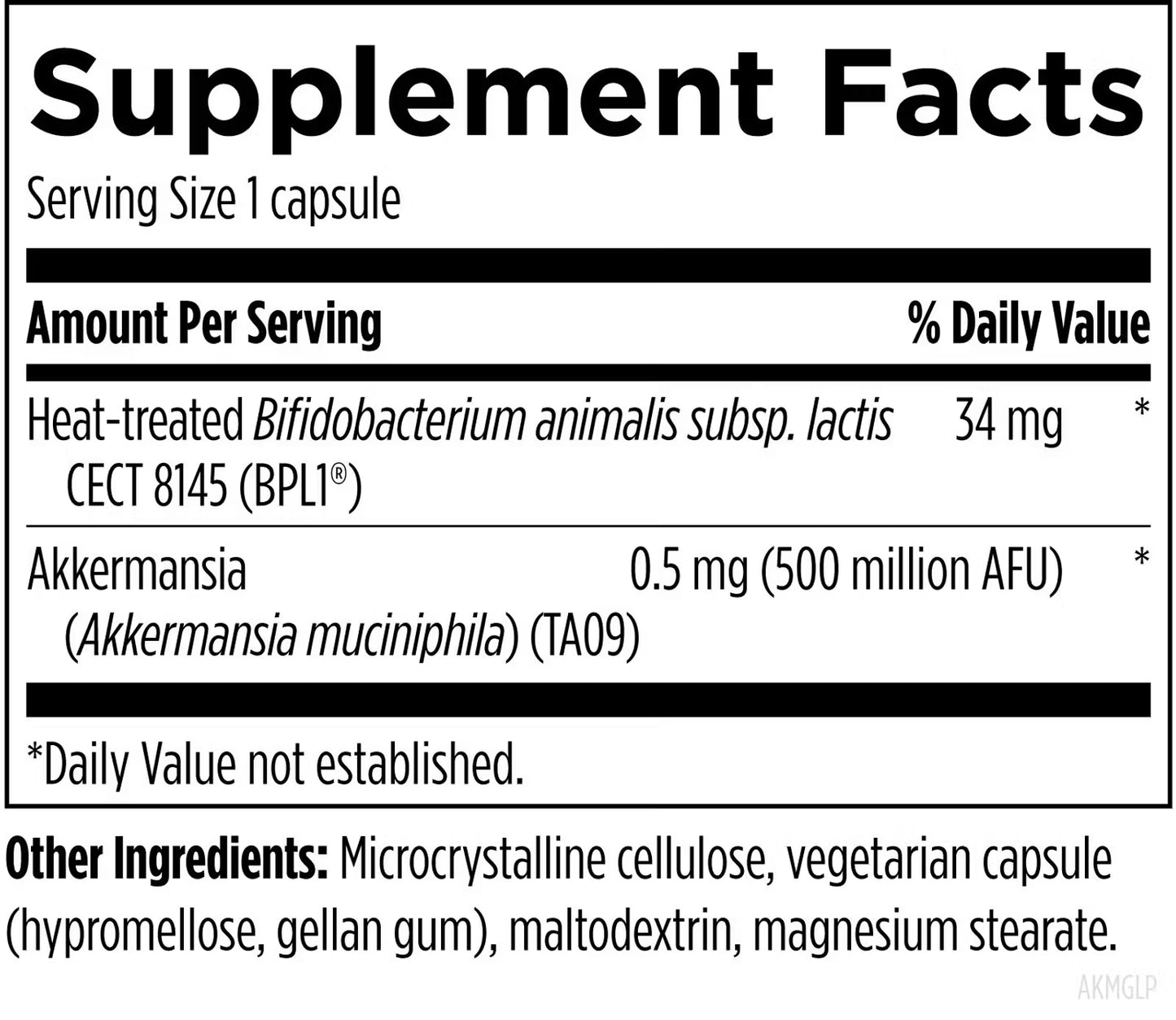 Supplement facts label for a capsule containing Bifidobacterium animalis and Akkermansia.