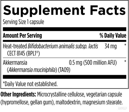 Supplement facts label for a capsule containing Bifidobacterium animalis and Akkermansia.