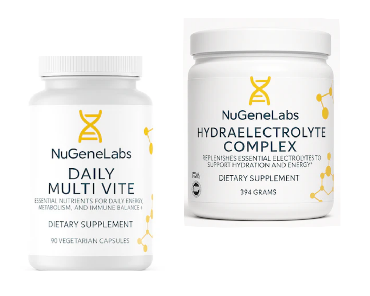Two NuGeneLabs dietary supplement containers on a white background