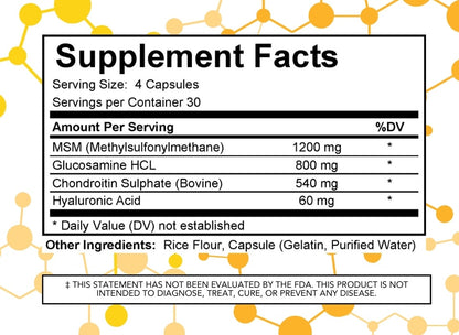 Supplement facts label with MSM, Glucosamine HCL, Chondroitin Sulfate, and Hyaluronic Acid on a molecular structure background.
