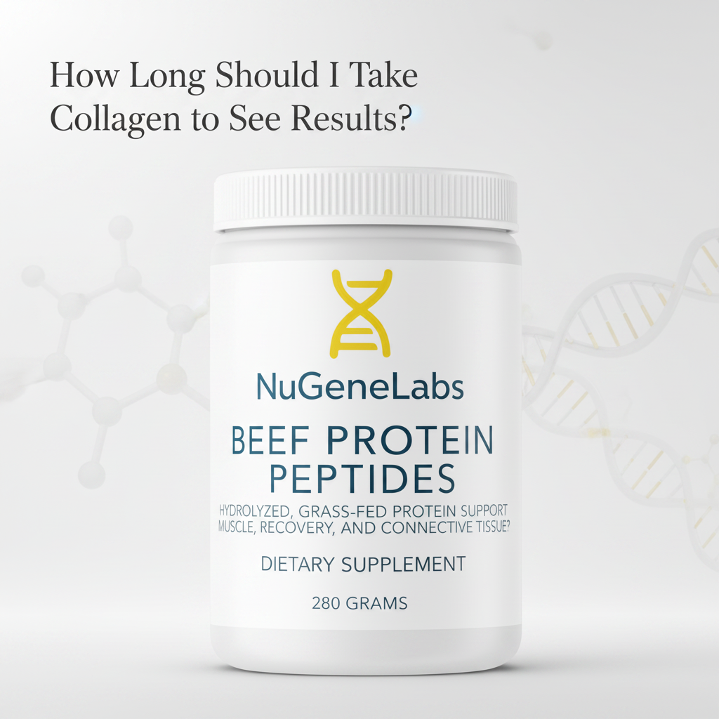 White container of NuGeneLabs Beef Protein Peptides on a light gray background