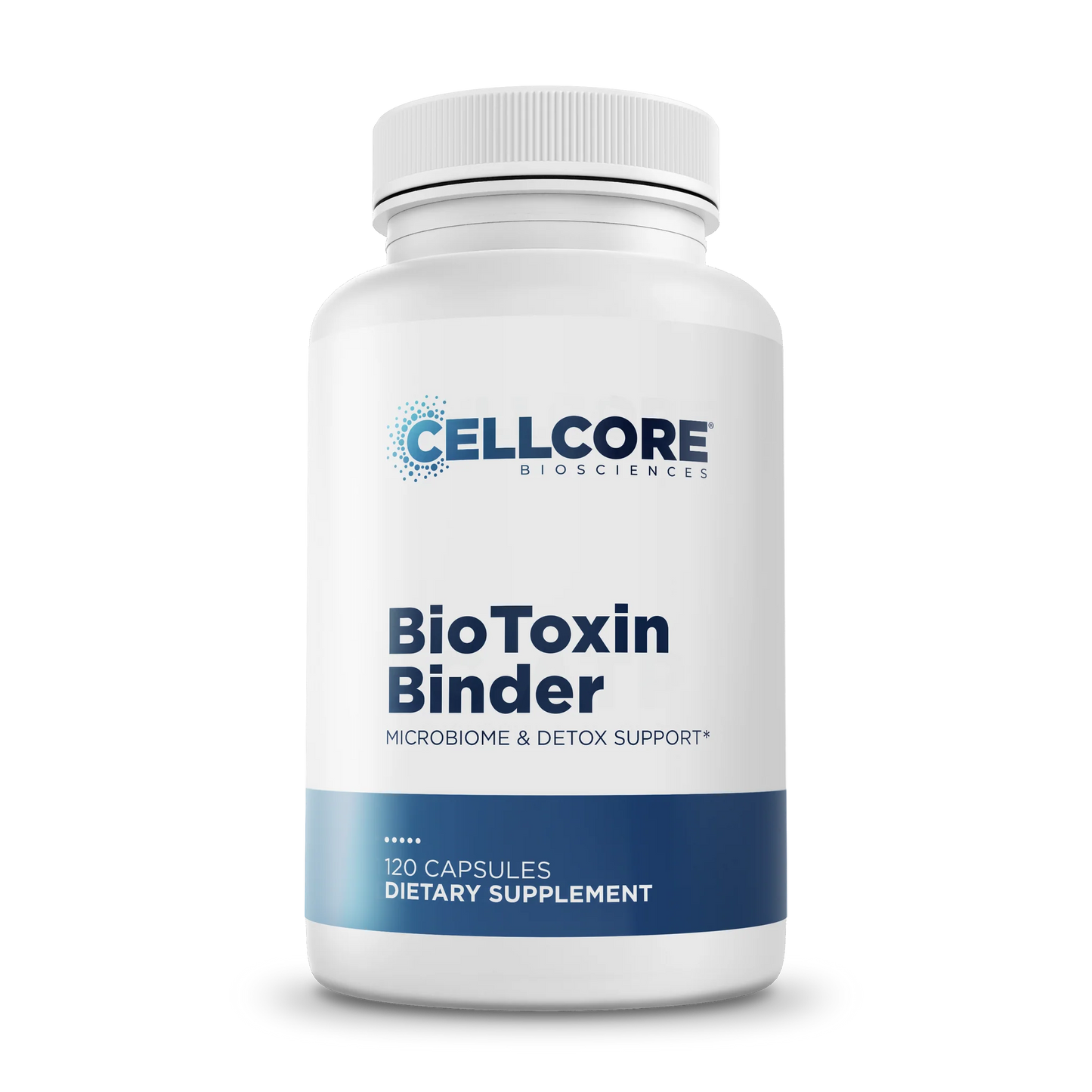 Supplement bottle labeled 'BioToxin Binder' by Cellcore Biosciences on a white background
