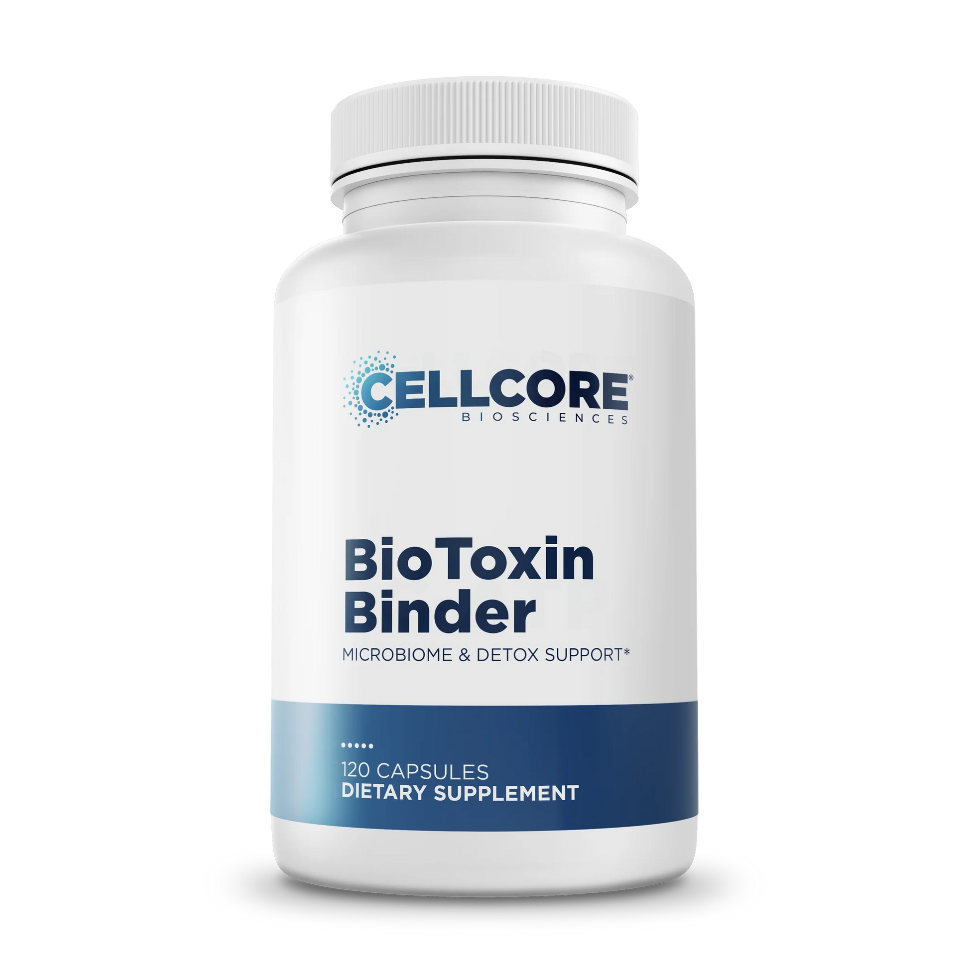Supplement bottle labeled 'BioToxin Binder' by Cellcore Biosciences on a white background