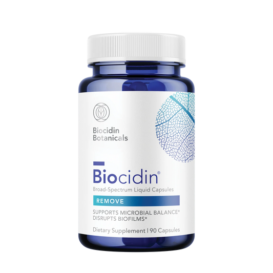 Biocidin Botanicals dietary supplement bottle on a white background