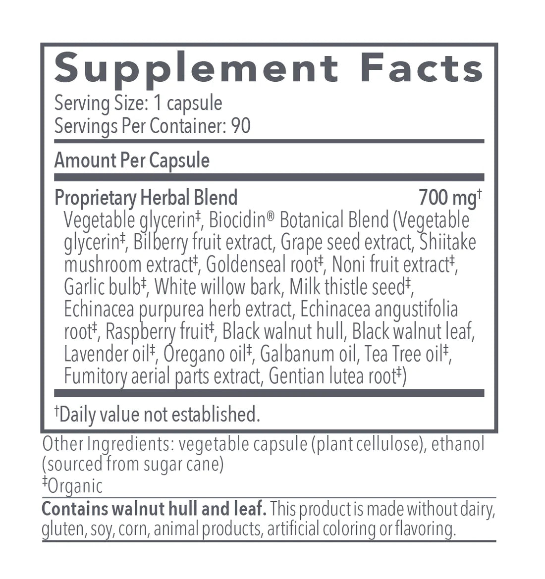 Supplement facts label for a proprietary herbal blend capsule on a white background
