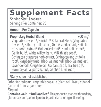 Supplement facts label for a proprietary herbal blend capsule on a white background