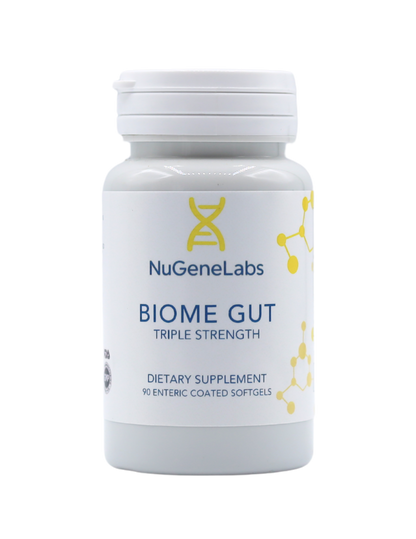 NuGeneLabs Biome Gut dietary supplement bottle on a clear background