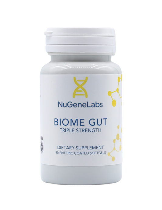NuGeneLabs Biome Gut dietary supplement bottle on a clear background